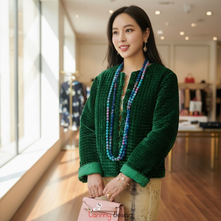 Green silk-lined velvet quilted coat